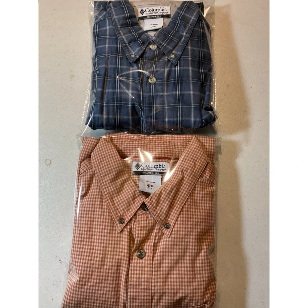 Lot‎ of 2 Columbia Mens XL Long Sleeve Button Down Shirts Orange Blue Plaid